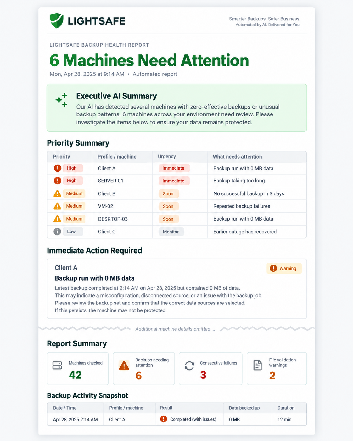 Example Lightsafe automated AI backup health email report